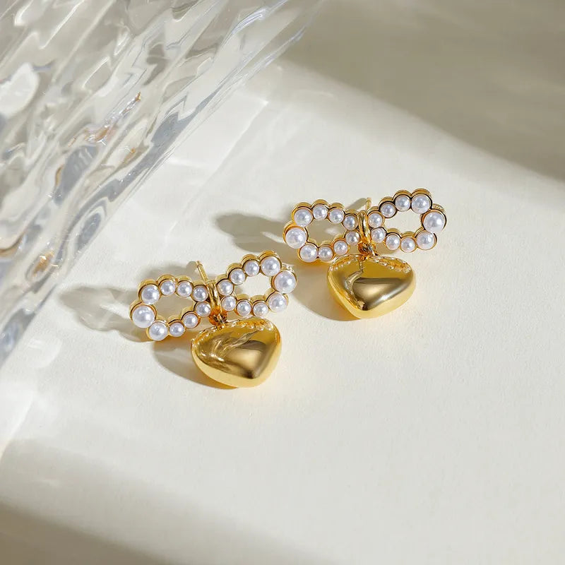 1 Pair IG Style Heart Shape Bow Knot Plating Inlay 304 Stainless Steel Artificial Pearls 18K Gold Plated Drop Earrings