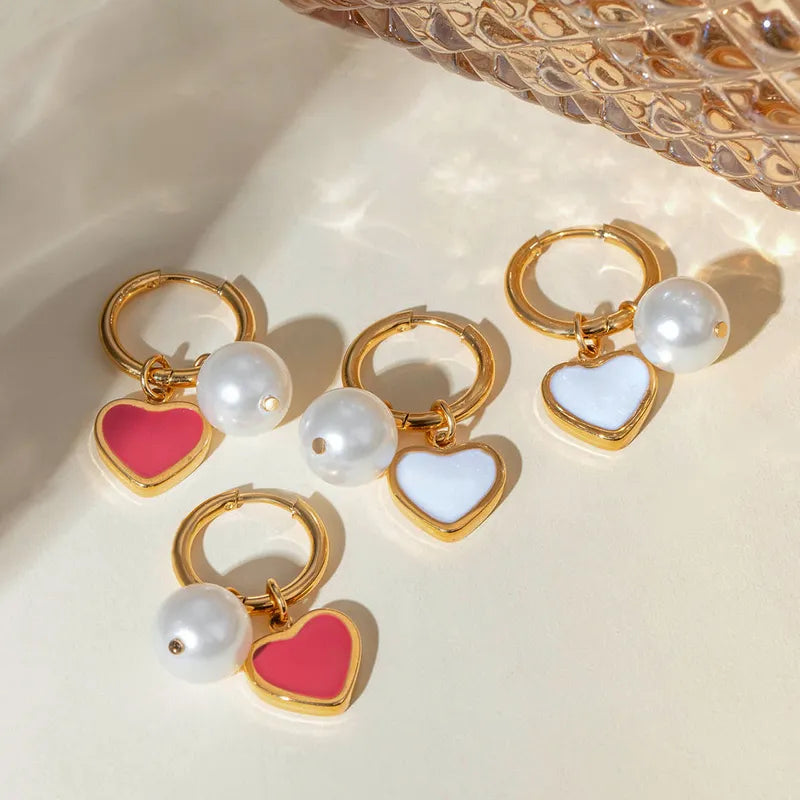 1 Pair IG Style Heart Shape Enamel 304 Stainless Steel 18K Gold Plated Drop Earrings