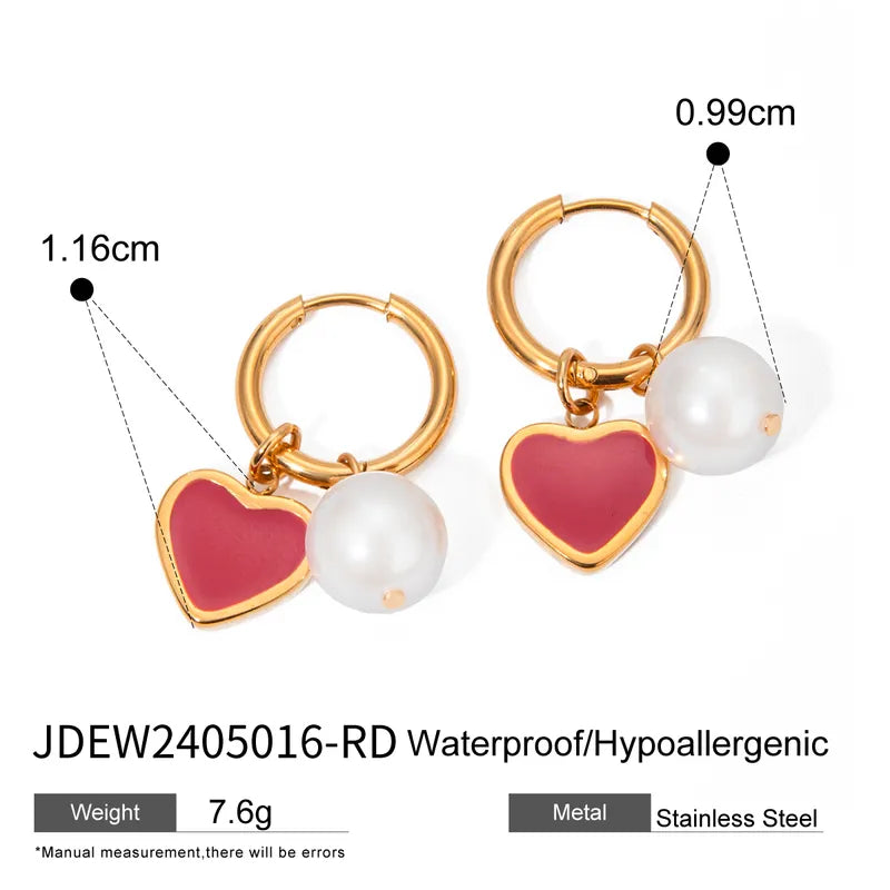 1 Pair IG Style Heart Shape Enamel 304 Stainless Steel 18K Gold Plated Drop Earrings