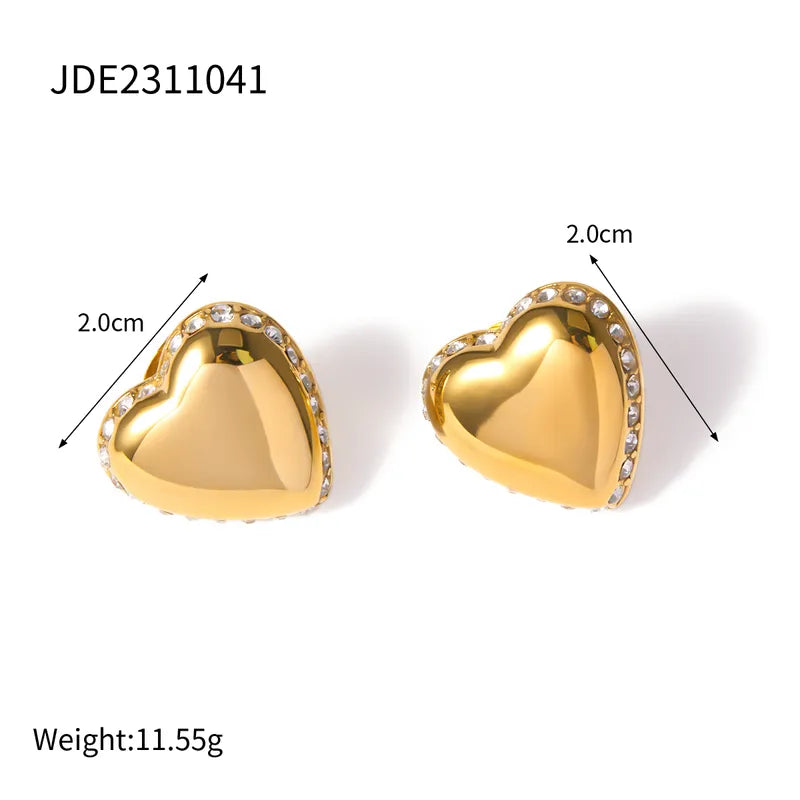 1 Pair IG Style Heart Shape Inlay 304 Stainless Steel Rhinestones 18K Gold Plated Ear Studs