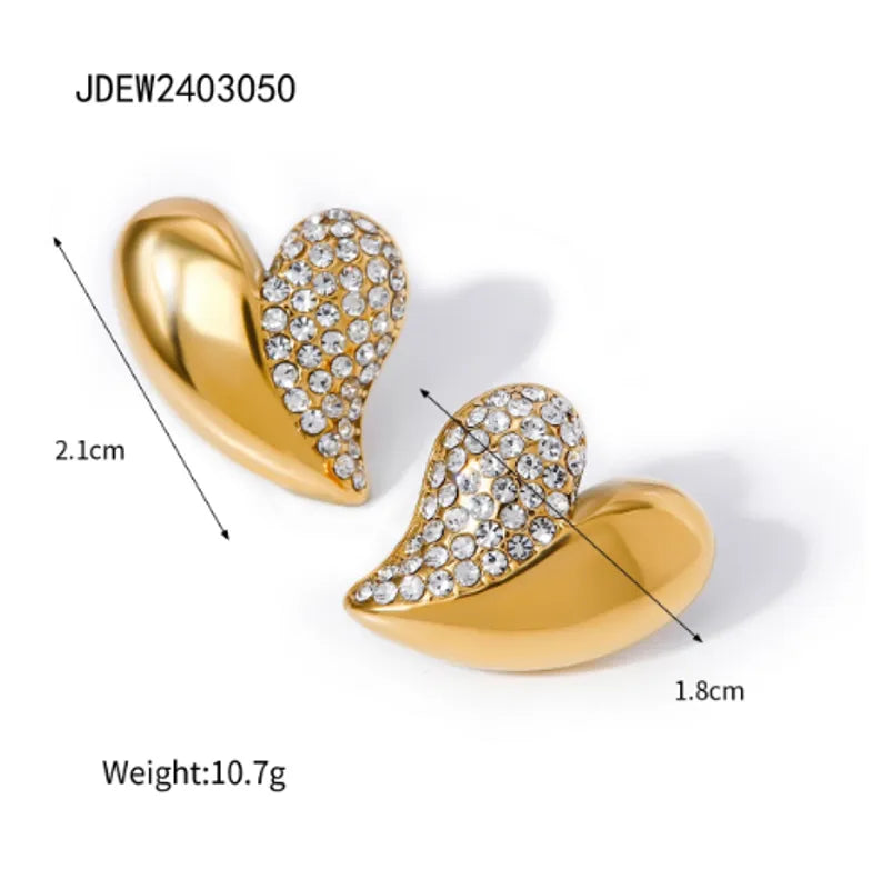 1 Pair IG Style Heart Shape Inlay 304 Stainless Steel Rhinestones 18K Gold Plated Ear Studs