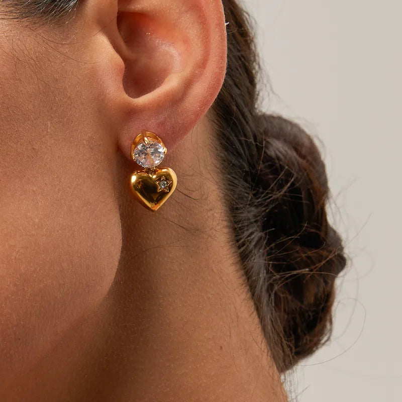 1 Pair IG Style Heart Shape Inlay 316 Stainless Steel Zircon 18K Gold Plated Drop Earrings