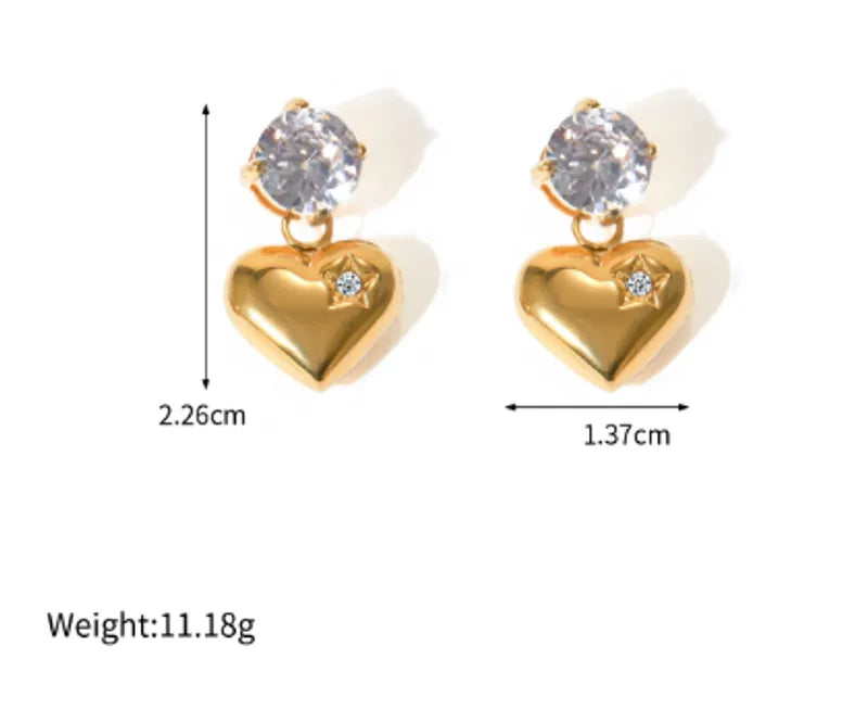 1 Pair IG Style Heart Shape Inlay 316 Stainless Steel Zircon 18K Gold Plated Drop Earrings