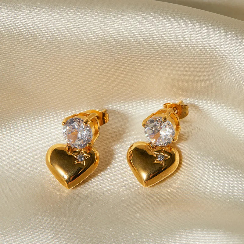 1 Pair IG Style Heart Shape Inlay 316 Stainless Steel Zircon 18K Gold Plated Drop Earrings