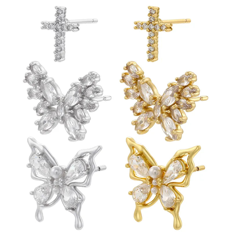 1 Pair IG Style Hip-Hop Cool Style Cross Bow Knot Inlay Copper Zircon 18K Gold Plated Ear Studs