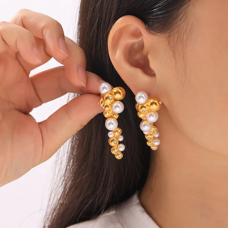 1 Pair IG Style Lady French Style Geometric Round Patchwork Plating Inlay 304 Stainless Steel Artificial Pearls Rhinestones 18K Gold Plated Ear Studs