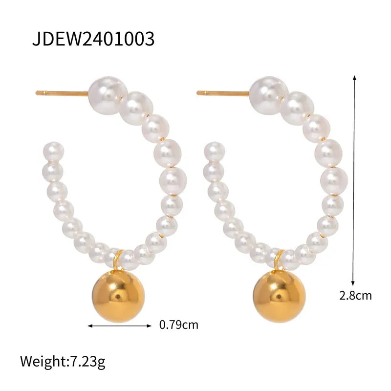 1 Pair IG Style Modern Style Classic Style C Shape 304 Stainless Steel Artificial Pearl 18K Gold Plated Hoop Earrings