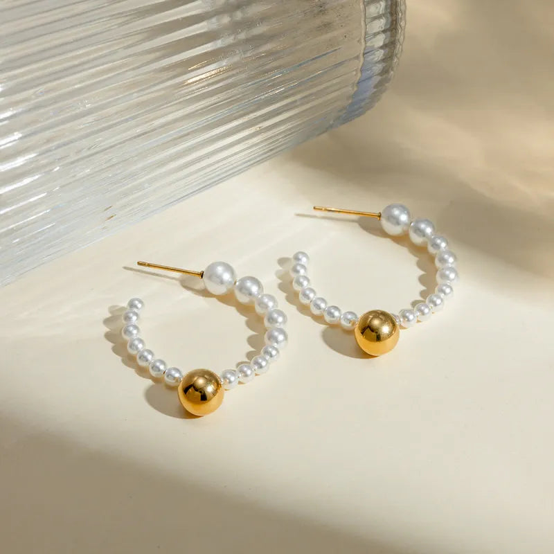 1 Pair IG Style Modern Style Classic Style C Shape 304 Stainless Steel Artificial Pearl 18K Gold Plated Hoop Earrings