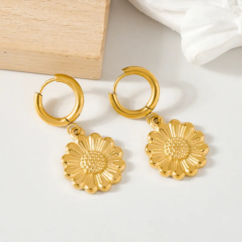 1 Pair IG Style Modern Style Classic Style Sunflower 316 Stainless Steel 18K Gold Plated Drop Earrings