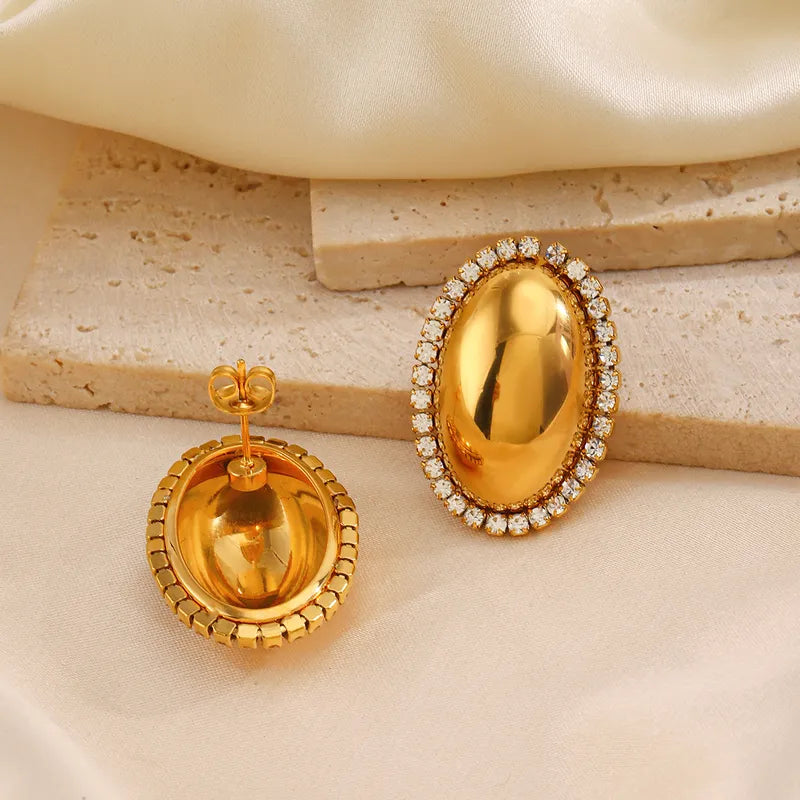 1 Pair IG Style Oval Inlay 304 Stainless Steel Zircon 18K Gold Plated Ear Studs