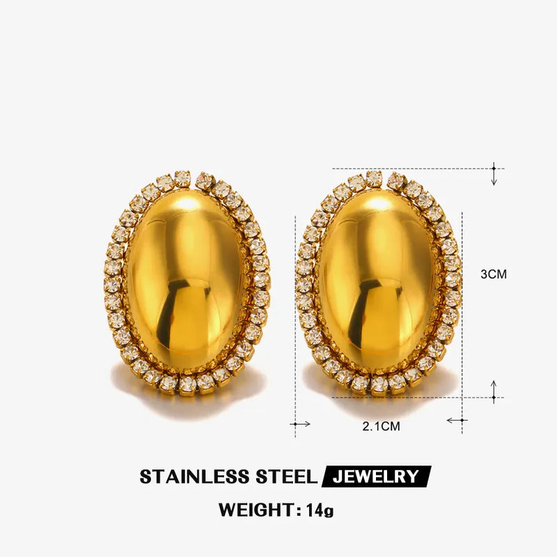 1 Pair IG Style Oval Inlay 304 Stainless Steel Zircon 18K Gold Plated Ear Studs