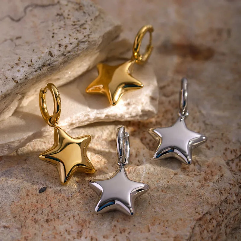 1 Pair IG Style Pentagram Plating 304 Stainless Steel 16K Gold Plated Drop Earrings