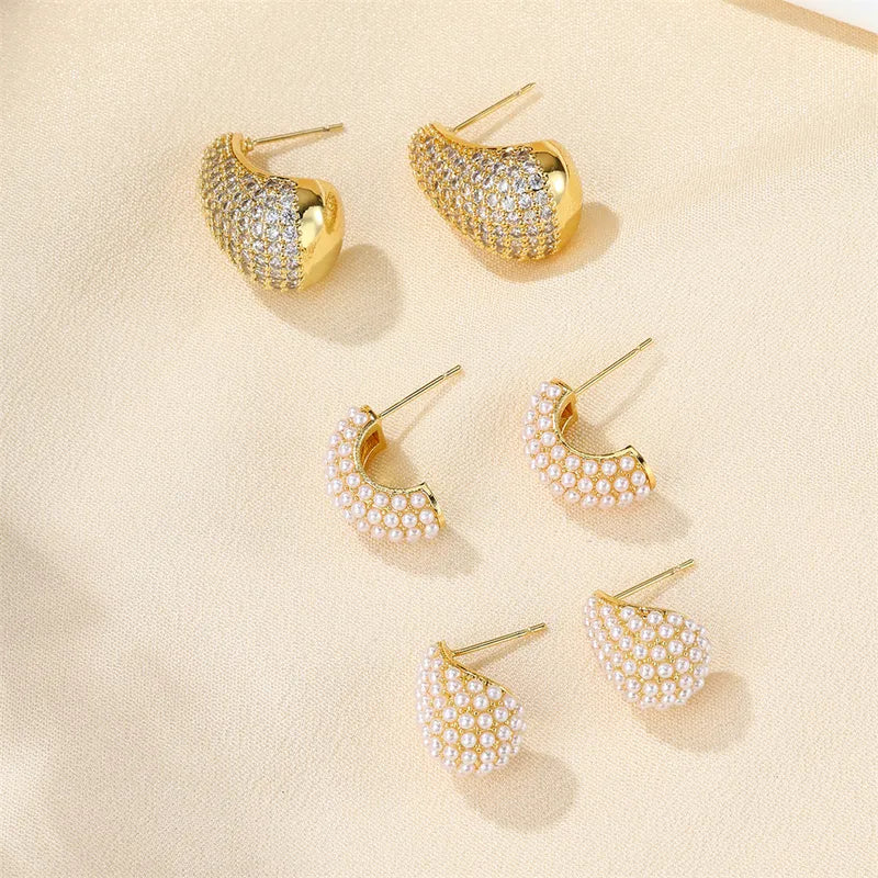 1 Pair IG Style Princess C Shape Water Droplets Inlay Copper Artificial Pearls Zircon 18K Gold Plated Ear Studs