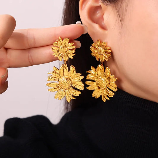 1 Pair IG Style Romantic Commute Sunflower 304 Stainless Steel 14K Gold Plated Drop Earrings