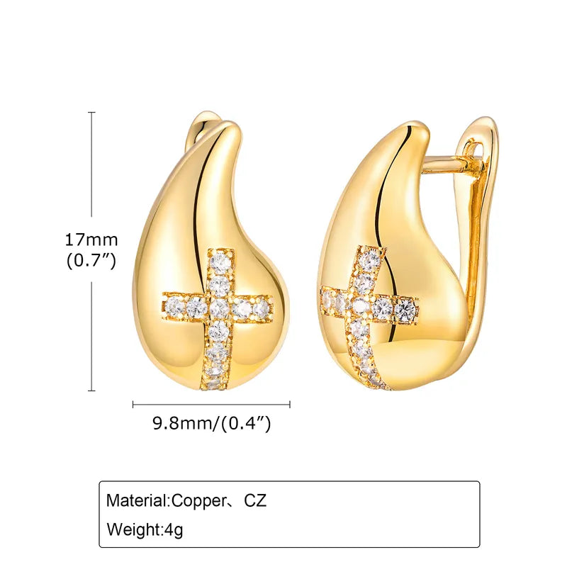 1 Pair IG Style Shiny Cross Water Droplets Inlay Copper Zircon 18K Gold Plated Ear Studs