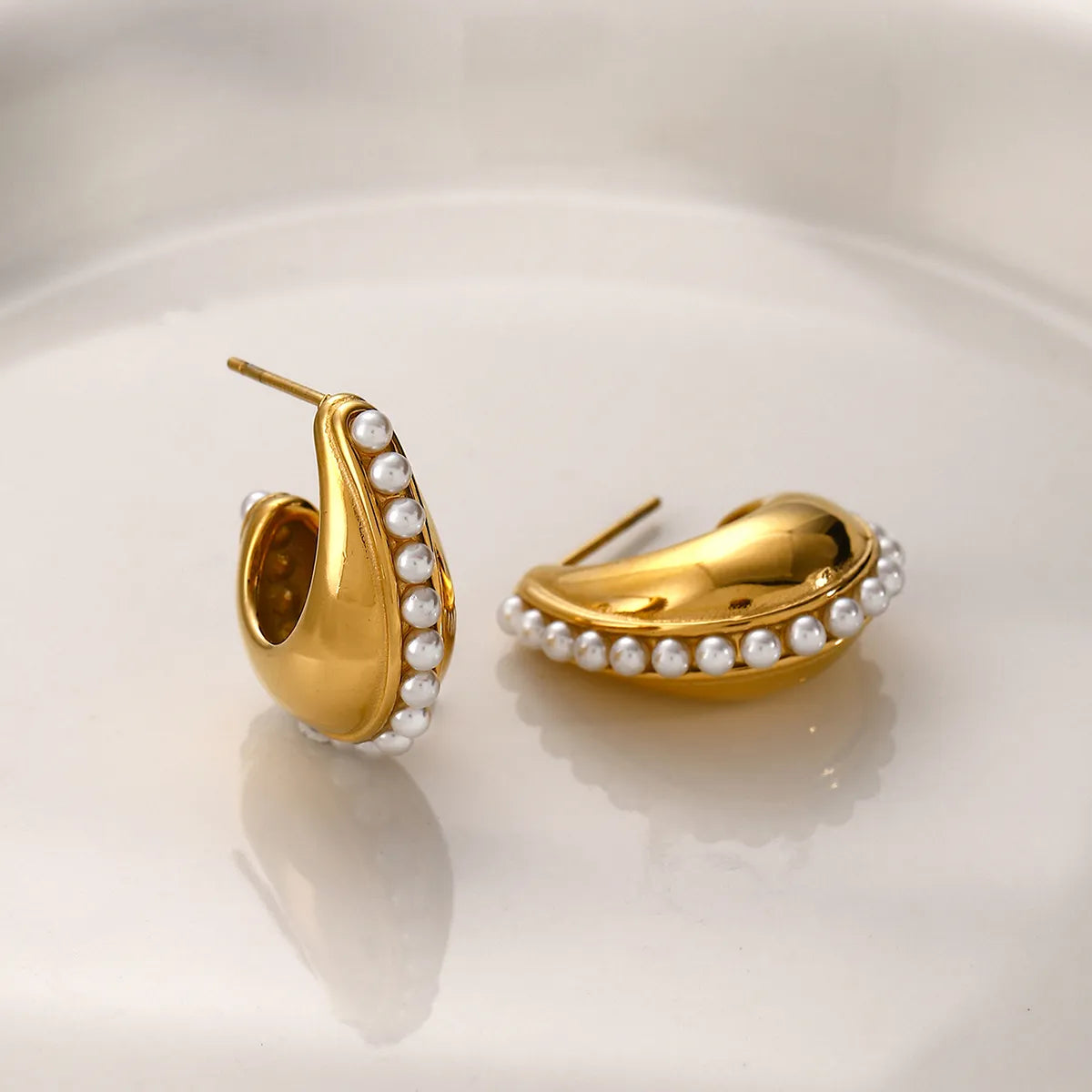 1 Pair IG Style Simple Style C Shape Hollow Out Inlay 316 Stainless Steel Pearl Zircon 18K Gold Plated Ear Studs