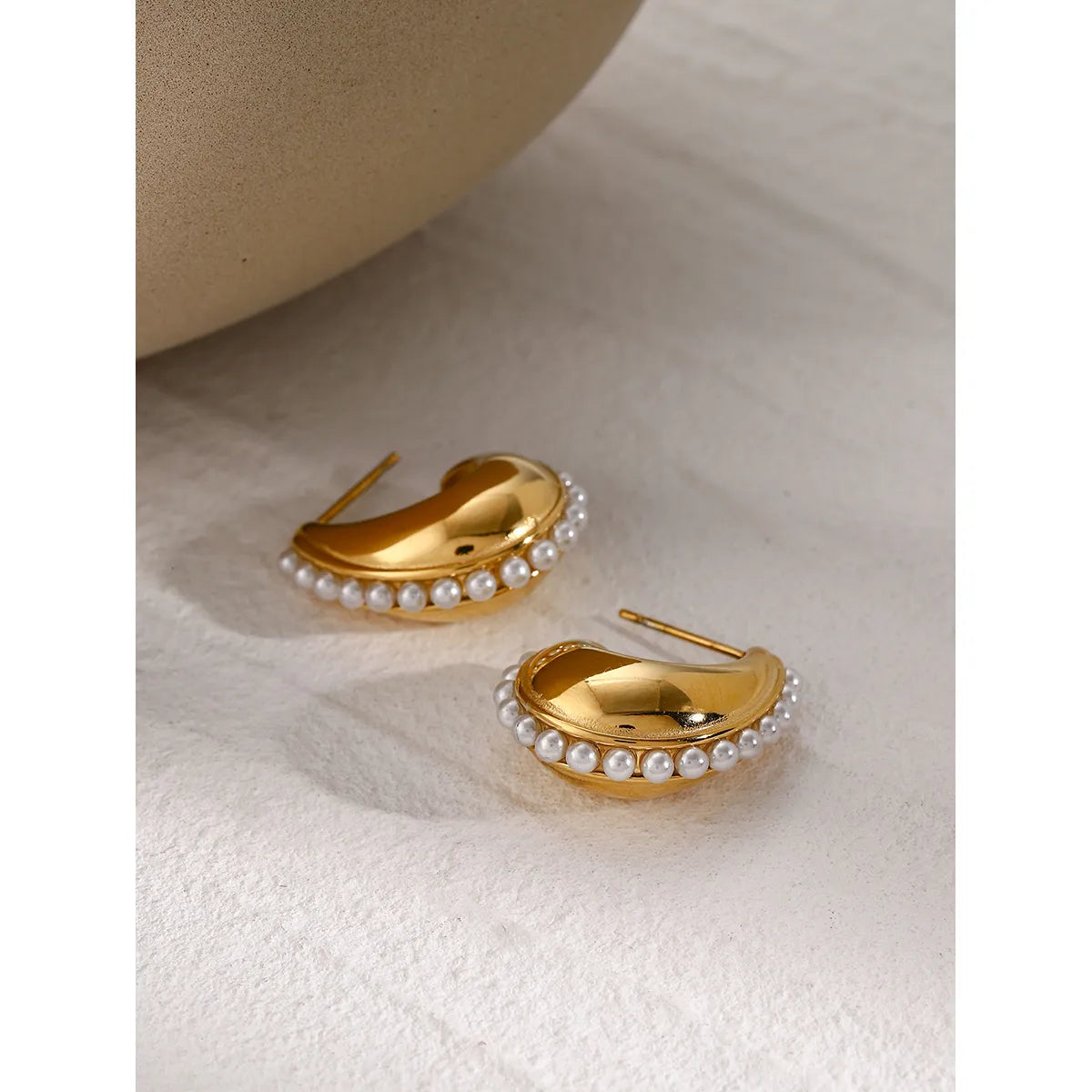 1 Pair IG Style Simple Style C Shape Hollow Out Inlay 316 Stainless Steel Pearl Zircon 18K Gold Plated Ear Studs