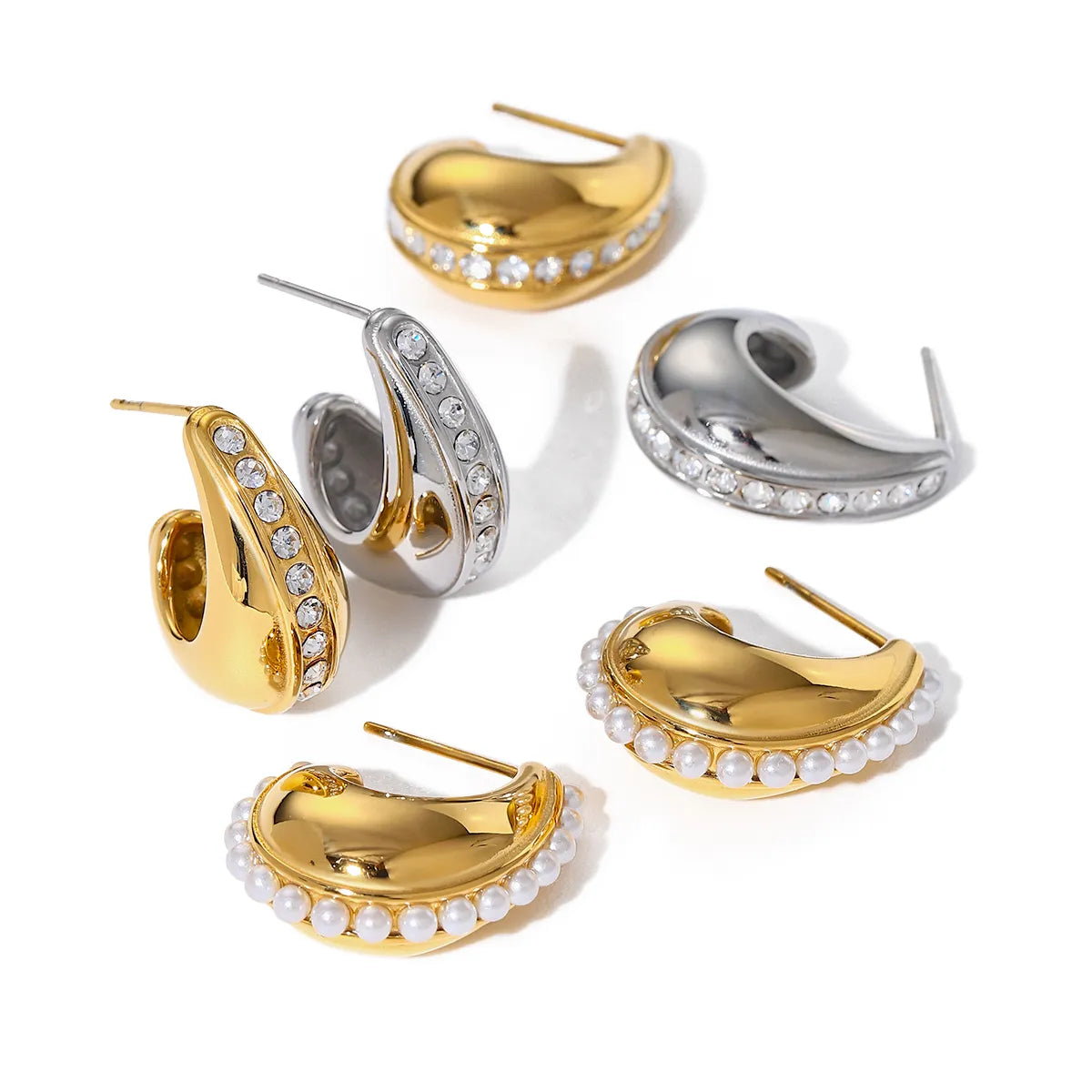 1 Pair IG Style Simple Style C Shape Hollow Out Inlay 316 Stainless Steel Pearl Zircon 18K Gold Plated Ear Studs