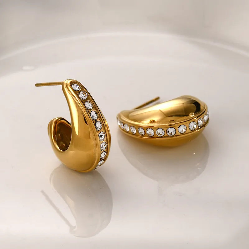 1 Pair IG Style Simple Style C Shape Hollow Out Inlay 316 Stainless Steel Pearl Zircon 18K Gold Plated Ear Studs