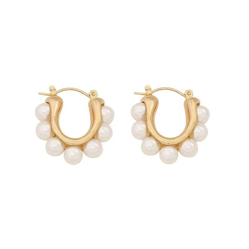 1 Pair IG Style Simple Style C Shape Solid Color Inlay Stainless Steel Artificial Pearls Zircon 18K Gold Plated Ear Studs