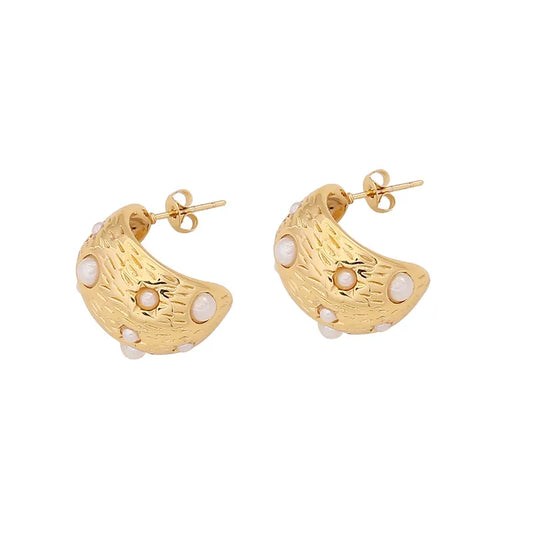 Shape Solid Color Inlay Stainless Steel Artificial Pearls Zircon 18K Gold Plated Ear Studs