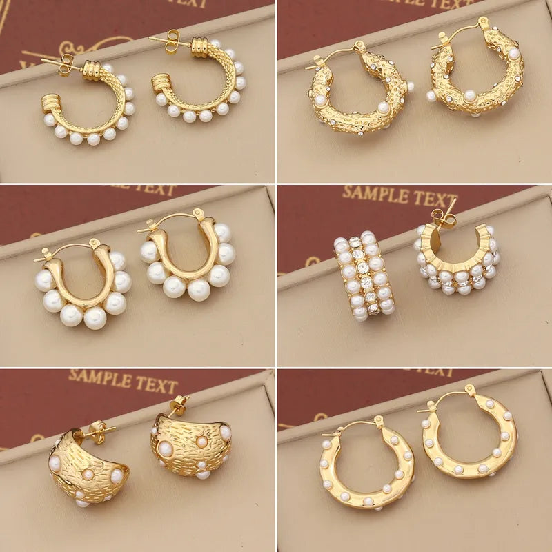 Shape Solid Color Inlay Stainless Steel Artificial Pearls Zircon 18K Gold Plated Ear Studs