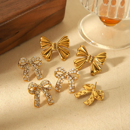 1 Pair IG Style Simple Style Commute Bow Knot Polishing Inlay 304 Stainless Steel Zircon 18K Gold Plated Ear Studs