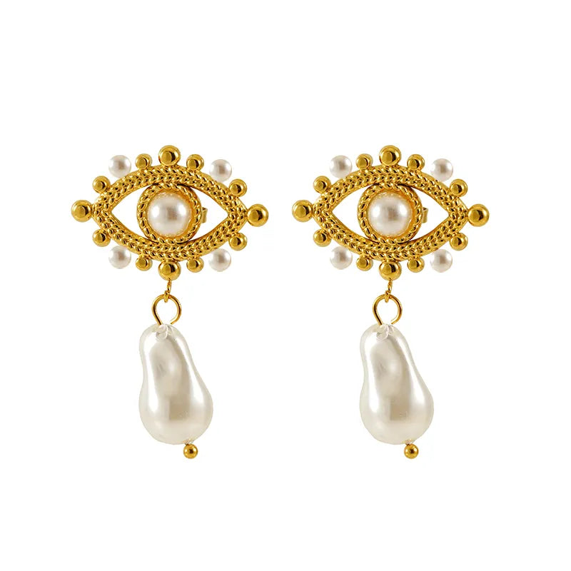 1 Pair IG Style Simple Style Eye Inlay 304 Stainless Steel Artificial Pearls 18K Gold Plated Drop Earrings