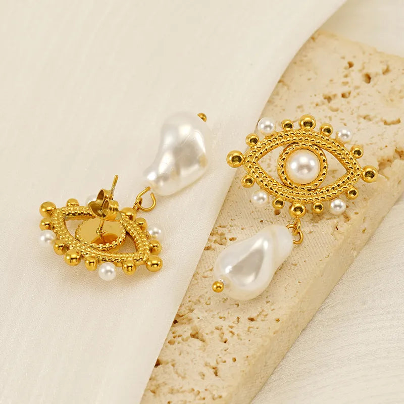 1 Pair IG Style Simple Style Eye Inlay 304 Stainless Steel Artificial Pearls 18K Gold Plated Drop Earrings