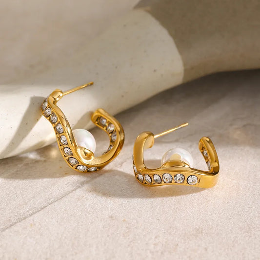 1 Pair IG Style Simple Style Geometric Inlay 316 Stainless Steel Pearl Zircon 18K Gold Plated Ear Studs