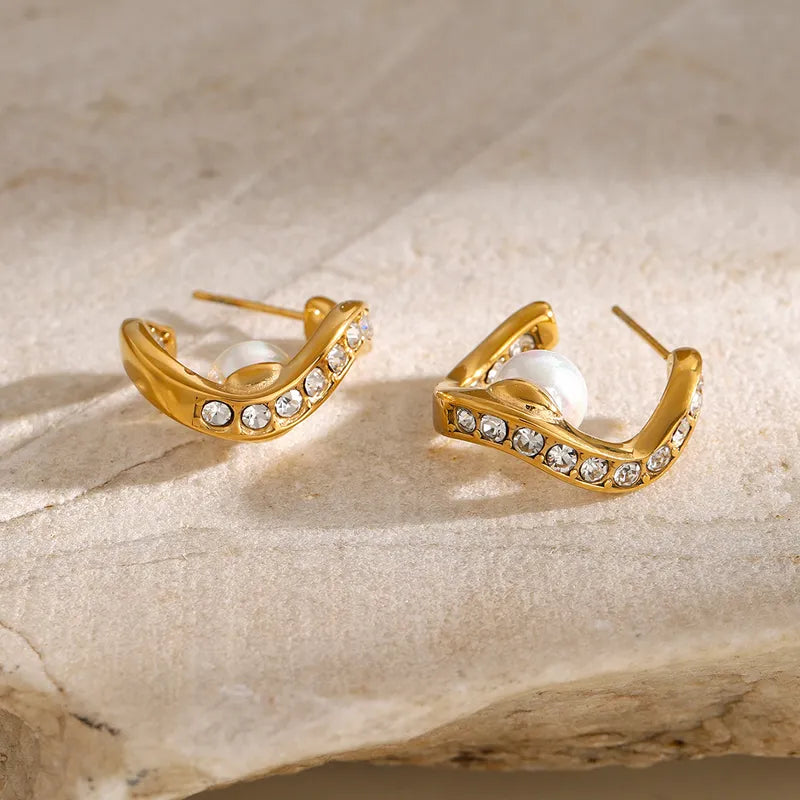 1 Pair IG Style Simple Style Geometric Inlay 316 Stainless Steel Pearl Zircon 18K Gold Plated Ear Studs