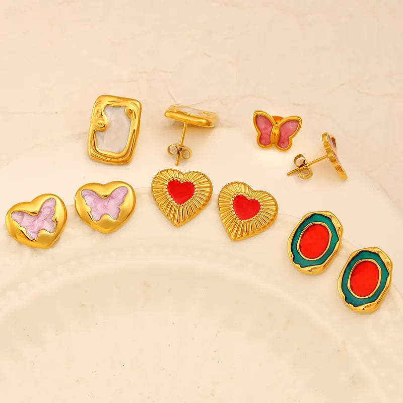 1 Pair IG Style Simple Style Oval Heart Shape Butterfly Enamel Plating 304 Stainless Steel Ear Studs