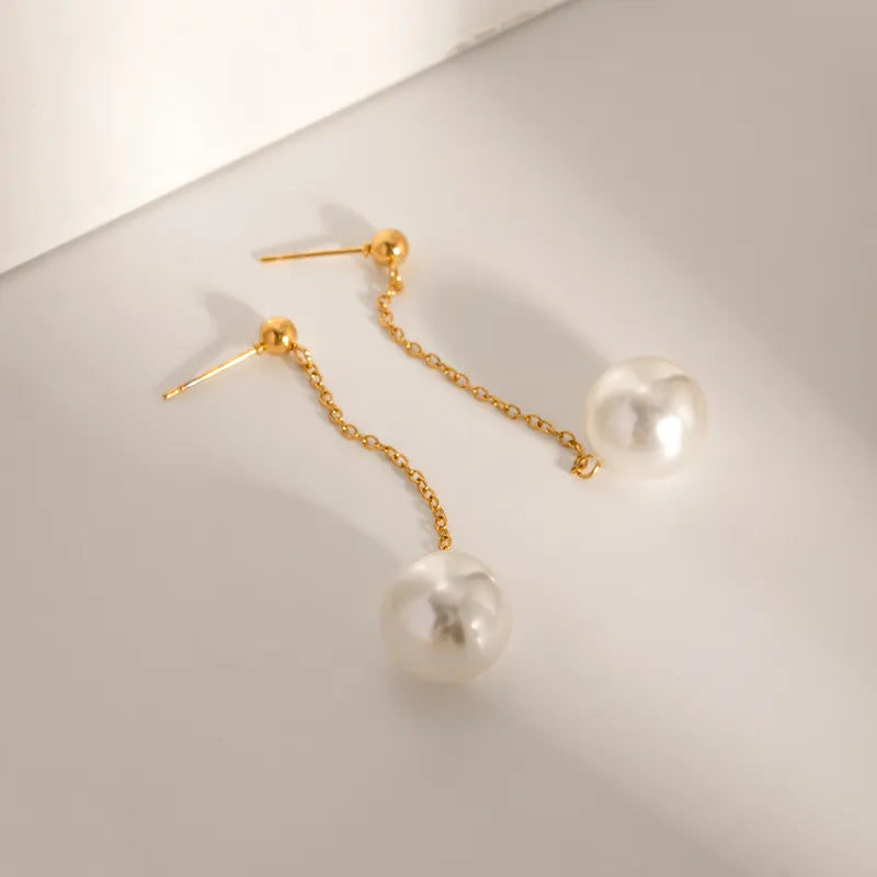 1 Pair IG Style Simple Style Round Pearl 304 Stainless Steel 18K Gold Plated Drop Earrings