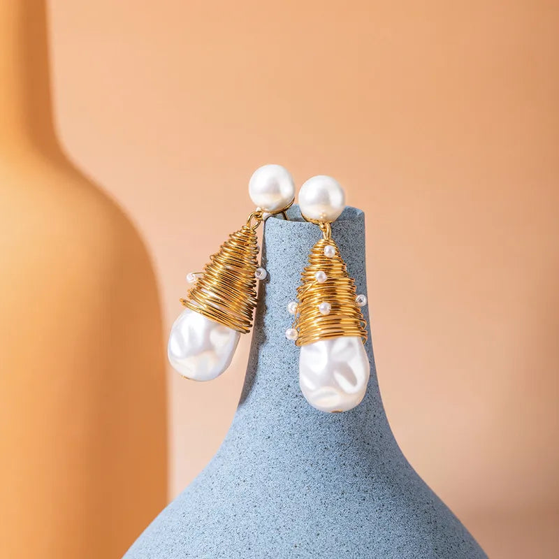 1 Pair IG Style Simple Style Water Droplets Inlay 304 Stainless Steel Pearl 18K Gold Plated Drop Earrings