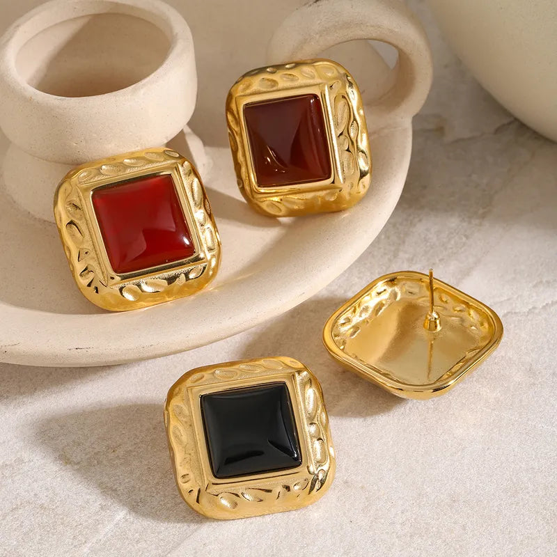 1 Pair IG Style Square Inlay 316 Stainless Steel Agate 18K Gold Plated Ear Studs