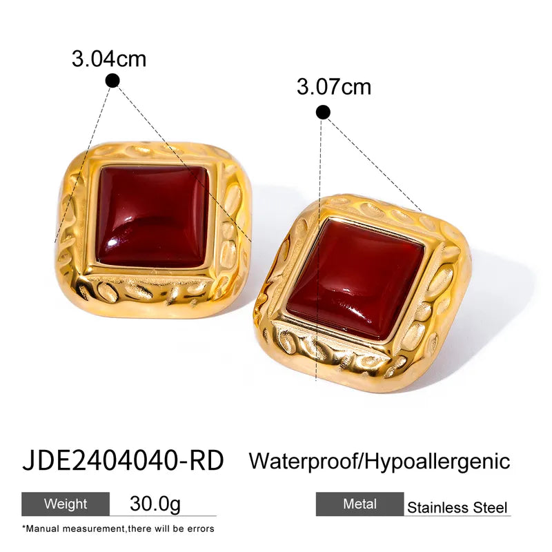 1 Pair IG Style Square Inlay 316 Stainless Steel Agate 18K Gold Plated Ear Studs