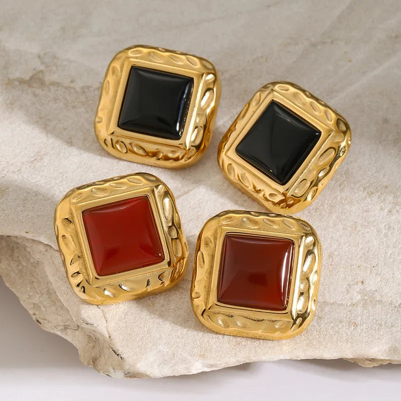 1 Pair IG Style Square Inlay 316 Stainless Steel Agate 18K Gold Plated Ear Studs