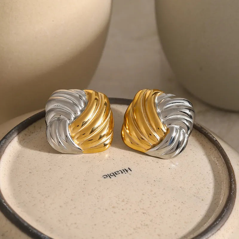 1 Pair IG Style Square Spiral Stripe 316 Stainless Steel 18K Gold Plated Ear Studs