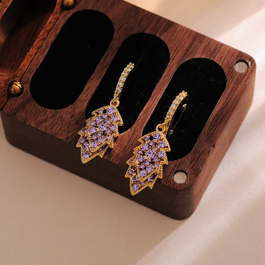 1 Pair IG Style Streetwear Leaves Inlay Copper Rhinestones Zircon 18K Gold Plated Drop Earrings