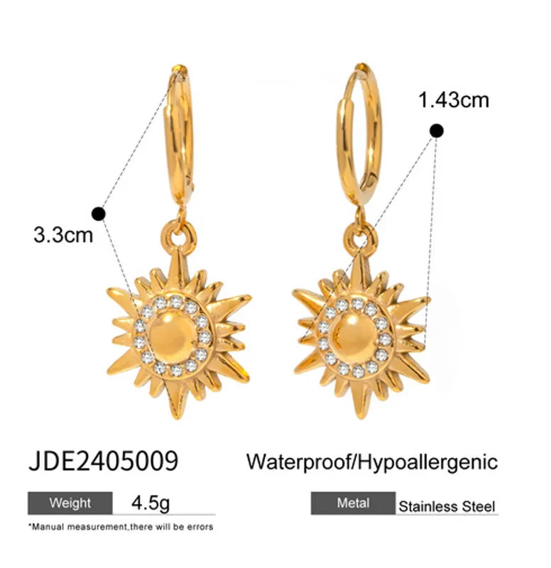 1 Pair IG Style Sun Inlay 316 Stainless Steel Rhinestones 18K Gold Plated Drop Earrings