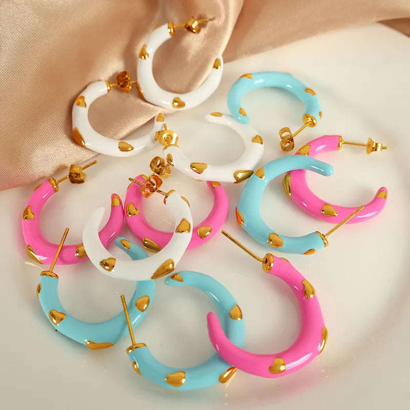 1 Pair IG Style Sweet C Shape Polishing Enamel 304 Stainless Steel 18K Gold Plated Ear Studs