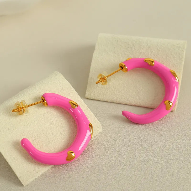 1 Pair IG Style Sweet C Shape Polishing Enamel 304 Stainless Steel 18K Gold Plated Ear Studs