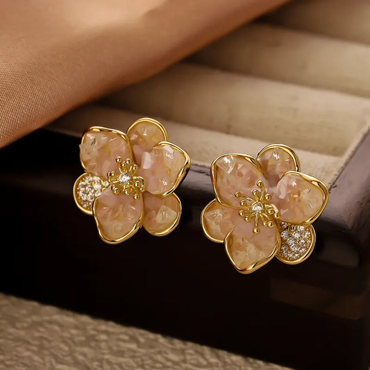 1 Pair IG Style Sweet Flower Inlay Copper Crystal Zircon 14K Gold Plated Ear Studs