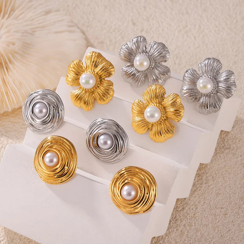 1 Pair IG Style Sweet Flower Inlay Titanium Steel Artificial Pearls Ear Studs