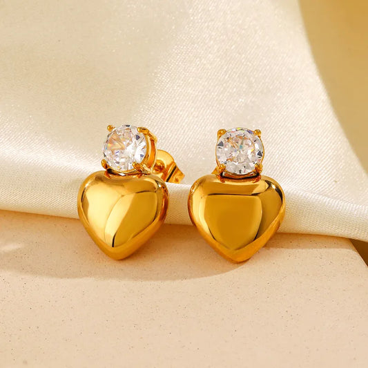 1 Pair IG Style Sweet Heart Shape Inlay 304 Stainless Steel Zircon 18K Gold Plated Ear Studs