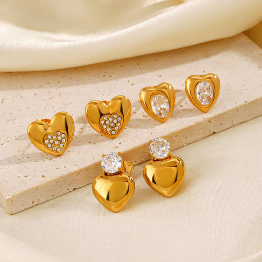 1 Pair IG Style Sweet Heart Shape Inlay 304 Stainless Steel Zircon 18K Gold Plated Ear Studs