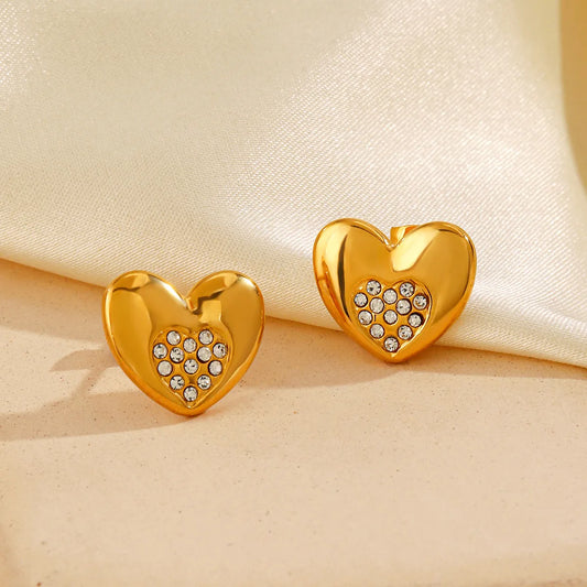 1 Pair IG Style Sweet Heart Shape Inlay 304 Stainless Steel Zircon 18K Gold Plated Ear Studs