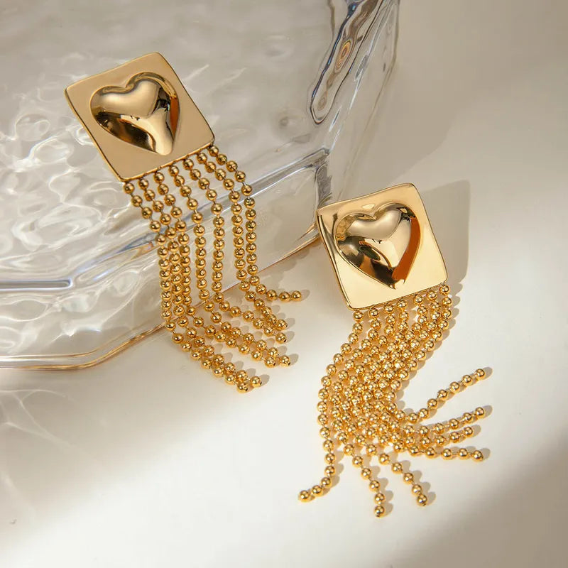 1 Pair IG Style Tassel Heart Shape Tassel 304 Stainless Steel 18K Gold Plated Drop Earrings