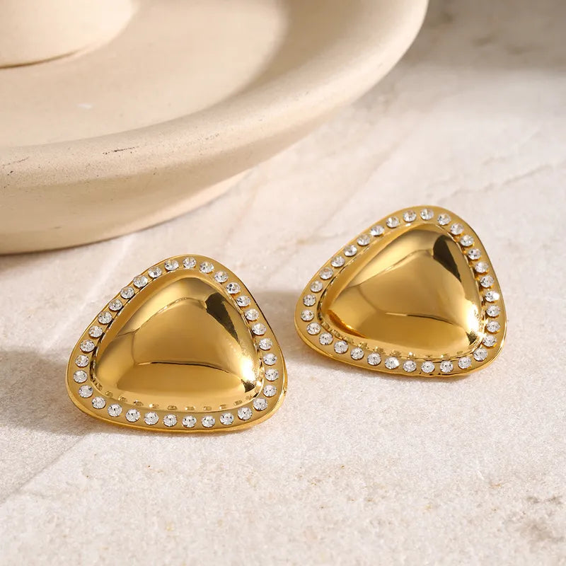 1 Pair IG Style Triangle Plating Inlay 304 Stainless Steel Rhinestones 18K Gold Plated Ear Studs