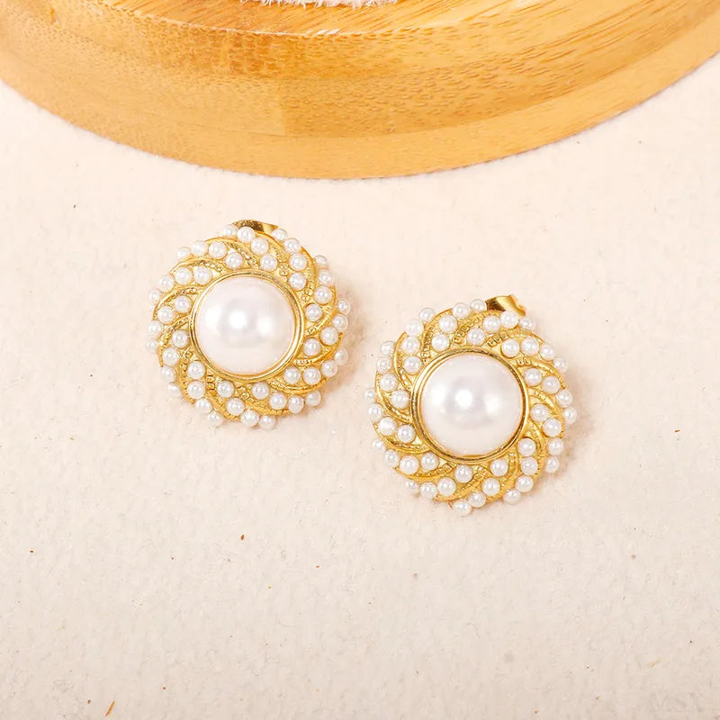 2pcs IG Style Vintage Style Classic Style Round Inlay 304 Stainless Steel Artificial Pearls Ear Studs